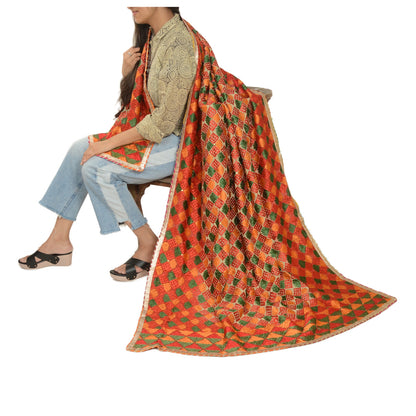 Sanskriti Vintage Dupatta Long Stole Red Blend Silk Ooak Handmade Bagh Phulkari Panjab Stole For Dressmaking,Craft Supplies,Upcycler