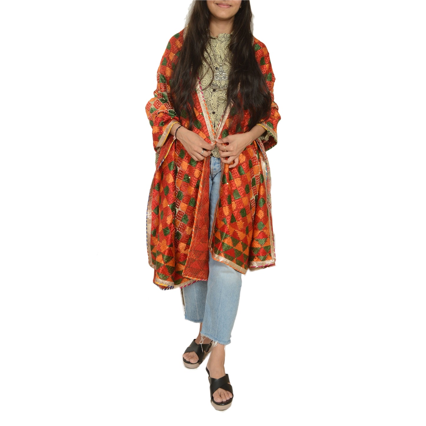 Sanskriti Vintage Dupatta Long Stole Red Blend Silk Ooak Handmade Bagh Phulkari Panjab Stole For Dressmaking,Craft Supplies,Upcycler