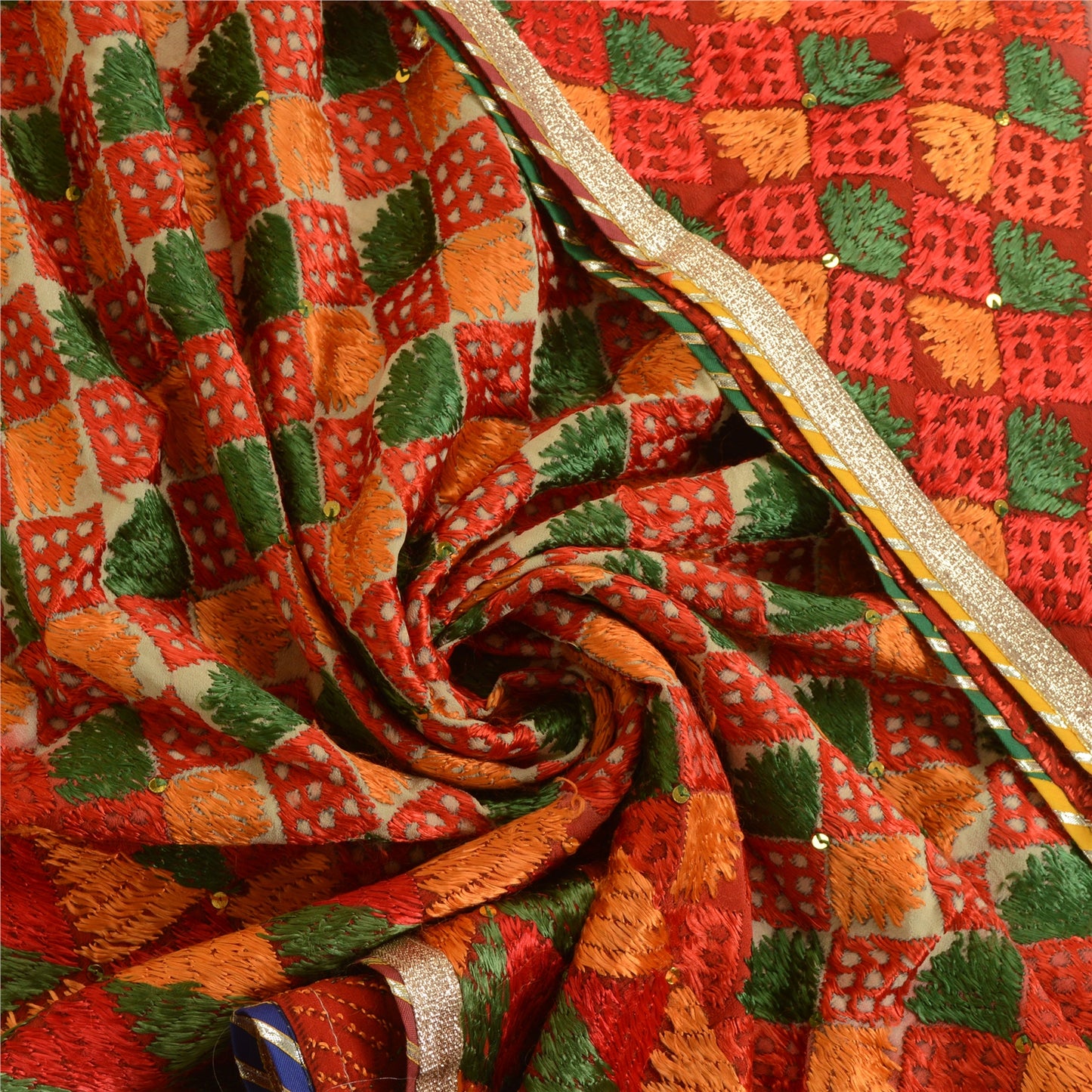 Sanskriti Vintage Dupatta Long Stole Red Blend Silk Ooak Handmade Bagh Phulkari Panjab Stole For Dressmaking,Craft Supplies,Upcycler
