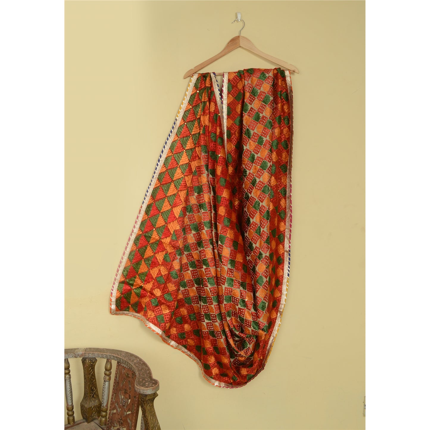 Sanskriti Vintage Dupatta Long Stole Red Blend Silk Ooak Handmade Bagh Phulkari Panjab Stole For Dressmaking,Craft Supplies,Upcycler