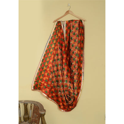 Sanskriti Vintage Dupatta Long Stole Red Blend Silk Ooak Handmade Bagh Phulkari Panjab Stole For Dressmaking,Craft Supplies,Upcycler