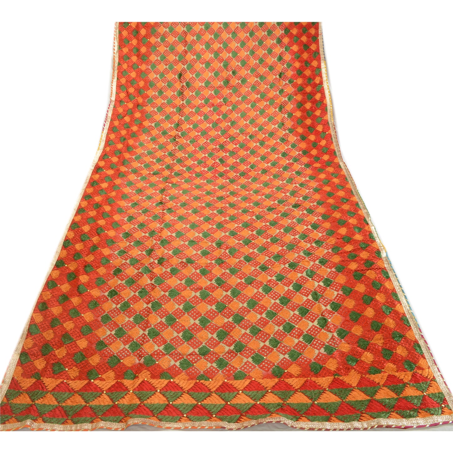 Sanskriti Vintage Dupatta Long Stole Red Blend Silk Ooak Handmade Bagh Phulkari Panjab Stole For Dressmaking,Craft Supplies,Upcycler