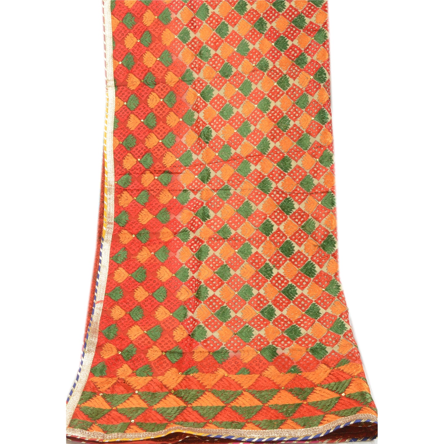 Sanskriti Vintage Dupatta Long Stole Red Blend Silk Ooak Handmade Bagh Phulkari Panjab Stole For Dressmaking,Craft Supplies,Upcycler