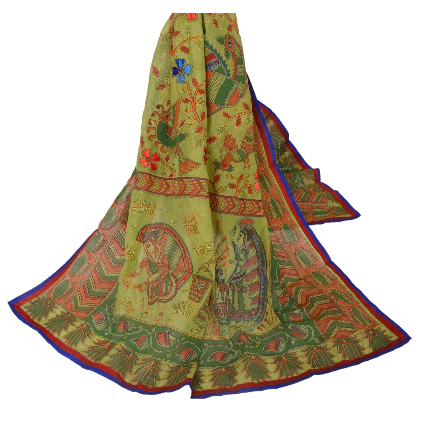 Sanskriti Vintage New Green Dupatta Hand Embroidered Kantha Bengal Shawl Long HeadStole Cotton Silk Hijab Indian Craft Supplies Fabric