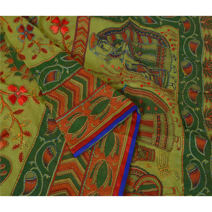 Sanskriti Vintage New Green Dupatta Hand Embroidered Kantha Bengal Shawl Long HeadStole Cotton Silk Hijab Indian Craft Supplies Fabric