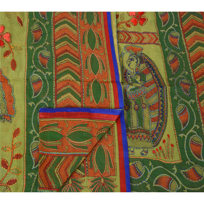 Sanskriti Vintage New Green Dupatta Hand Embroidered Kantha Bengal Shawl Long HeadStole Cotton Silk Hijab Indian Craft Supplies Fabric