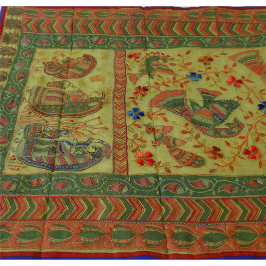 Sanskriti New Green Dupatta Hand Embroidered Kantha Stole Cotton Silk Hijab
