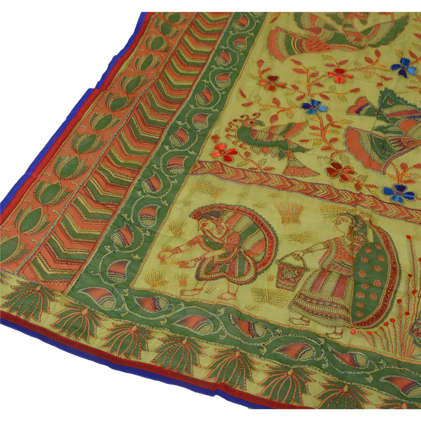 Sanskriti Vintage New Green Dupatta Hand Embroidered Kantha Bengal Shawl Long HeadStole Cotton Silk Hijab Indian Craft Supplies Fabric
