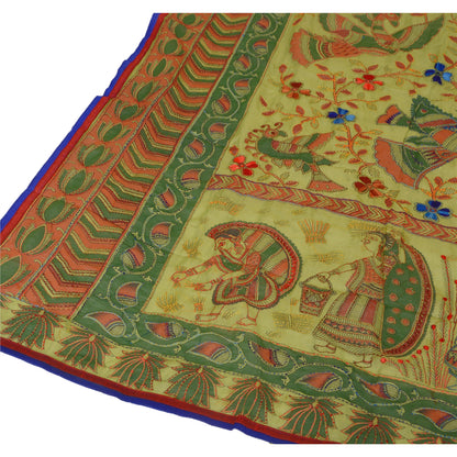 Sanskriti Vintage New Green Dupatta Hand Embroidered Kantha Bengal Shawl Long HeadStole Cotton Silk Hijab Indian Craft Supplies Fabric