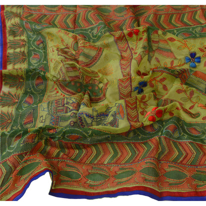 Sanskriti Vintage New Green Dupatta Hand Embroidered Kantha Bengal Shawl Long HeadStole Cotton Silk Hijab Indian Craft Supplies Fabric