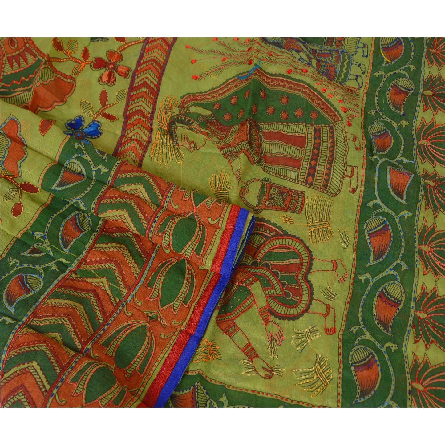 Sanskriti Vintage New Green Dupatta Hand Embroidered Kantha Bengal Shawl Long HeadStole Cotton Silk Hijab Indian Craft Supplies Fabric