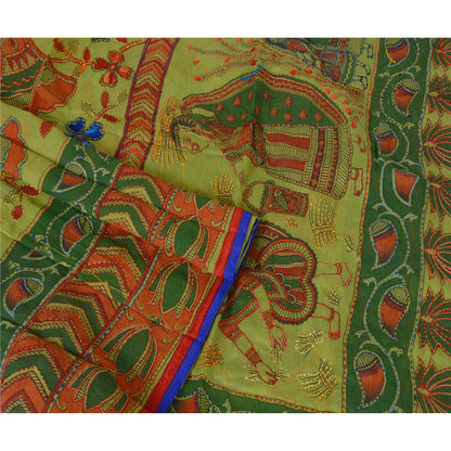 Sanskriti Vintage New Green Dupatta Hand Embroidered Kantha Bengal Shawl Long HeadStole Cotton Silk Hijab Indian Craft Supplies Fabric