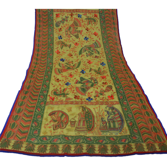 Sanskriti New Green Dupatta Hand Embroidered Kantha Stole Cotton Silk Hijab