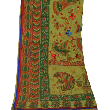 Sanskriti Vintage New Green Dupatta Hand Embroidered Kantha Bengal Shawl Long HeadStole Cotton Silk Hijab Indian Craft Supplies Fabric