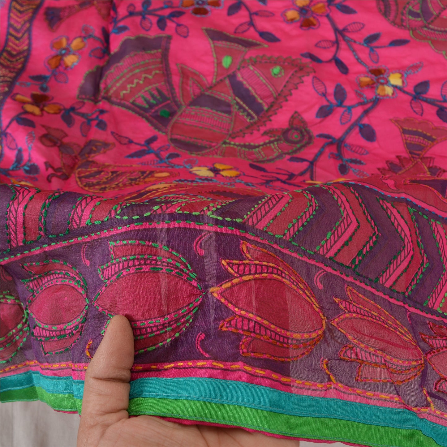 Sanskriti Vintage New Pink Dupatta Madhubani & Handmade Kantha Bengal Or Bihar Of India Stole Chanderi Silk Indian Heritage Textile Women Dress