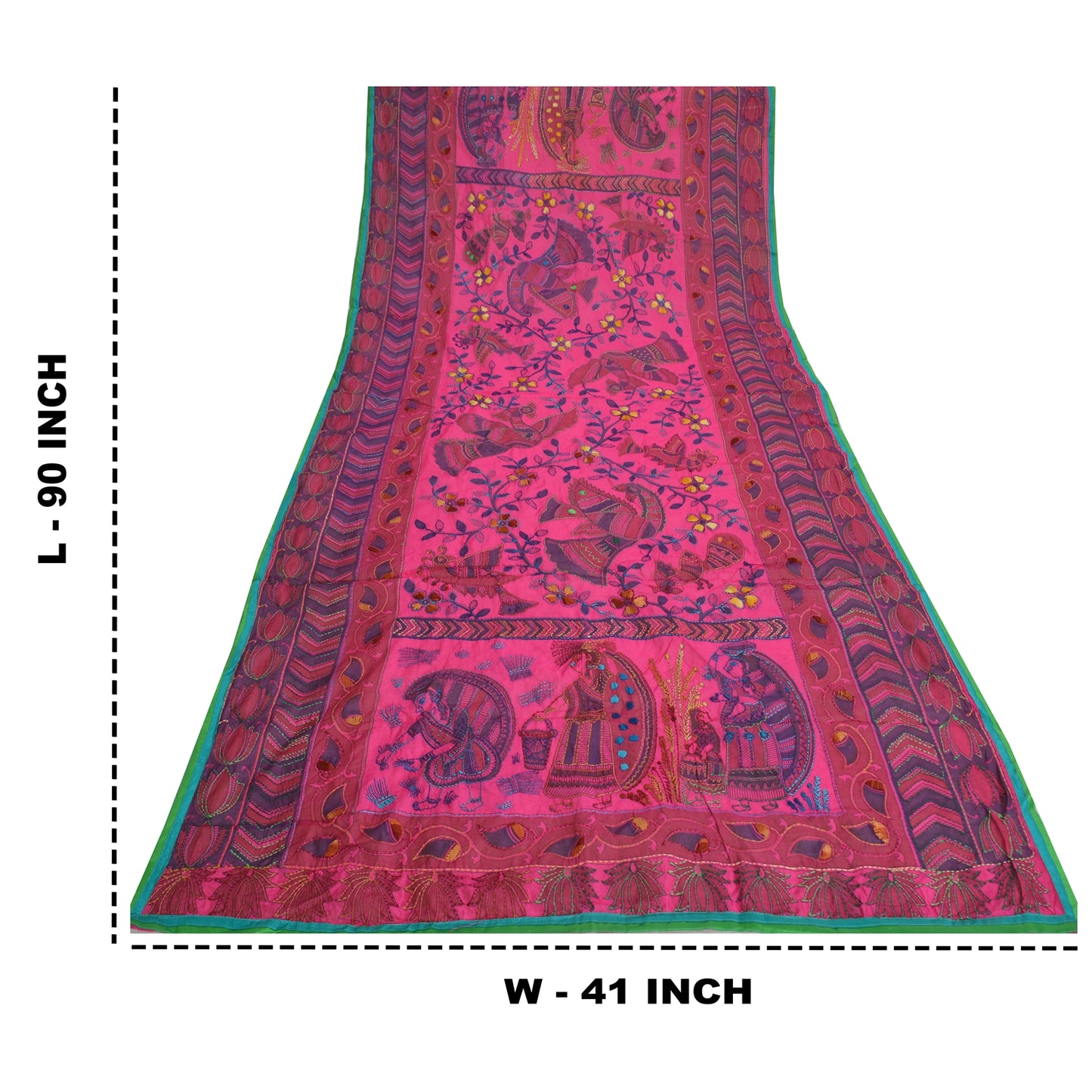 Sanskriti Vintage New Pink Dupatta Madhubani & Handmade Kantha Bengal Or Bihar Of India Stole Chanderi Silk Indian Heritage Textile Women Dress