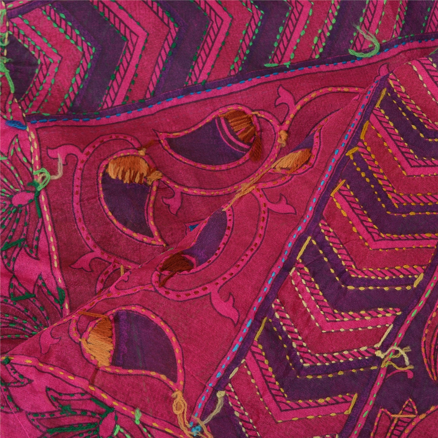 Sanskriti Vintage New Pink Dupatta Madhubani & Handmade Kantha Bengal Or Bihar Of India Stole Chanderi Silk Indian Heritage Textile Women Dress