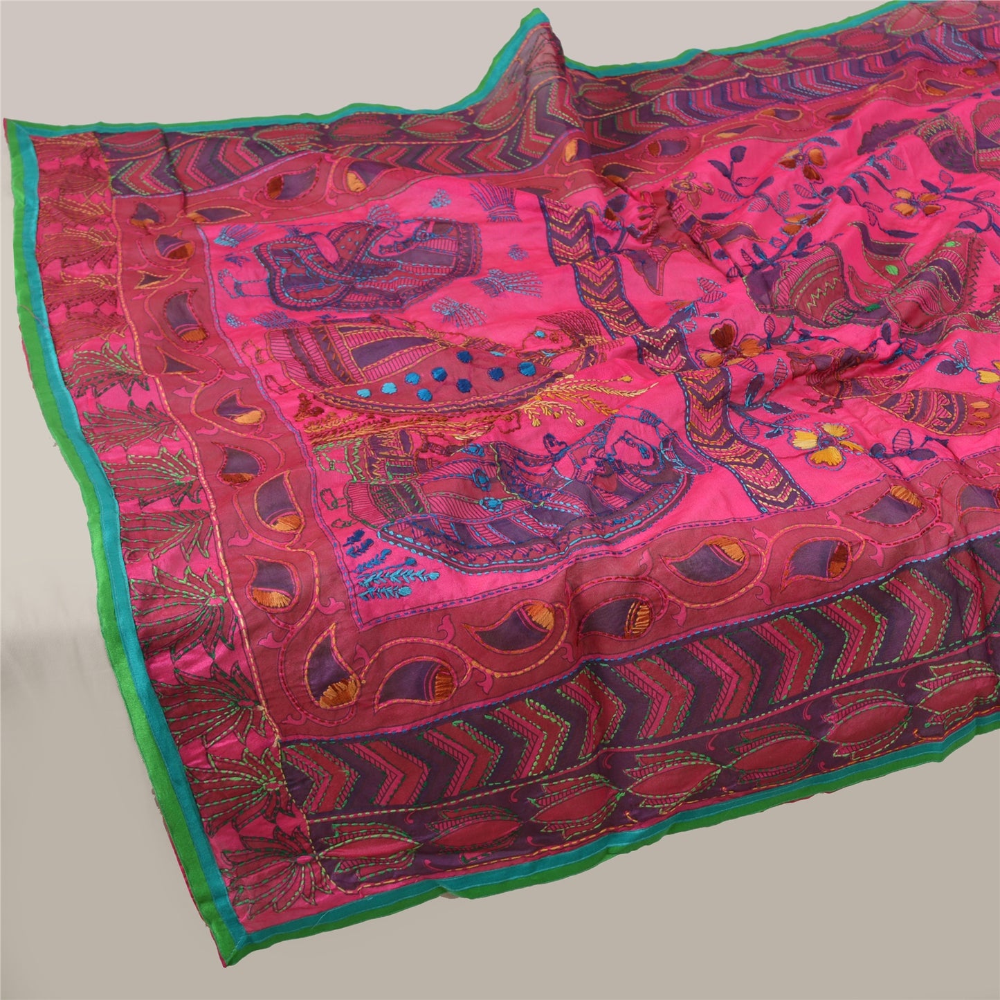 Sanskriti Vintage New Pink Dupatta Madhubani & Handmade Kantha Bengal Or Bihar Of India Stole Chanderi Silk Indian Heritage Textile Women Dress