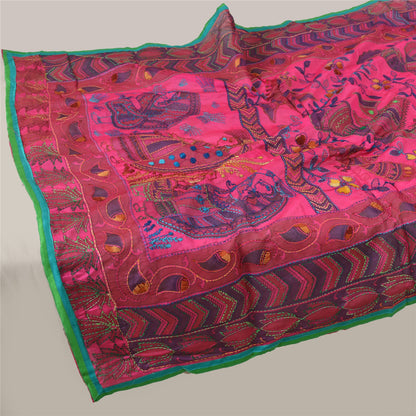 Sanskriti Vintage New Pink Dupatta Madhubani & Handmade Kantha Bengal Or Bihar Of India Stole Chanderi Silk Indian Heritage Textile Women Dress