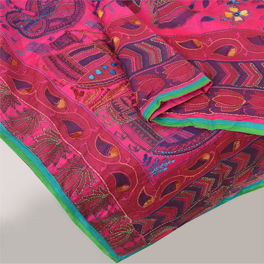 Sanskriti New Pink Dupatta Madhubani & Handmade Kantha Stole Chanderi Silk