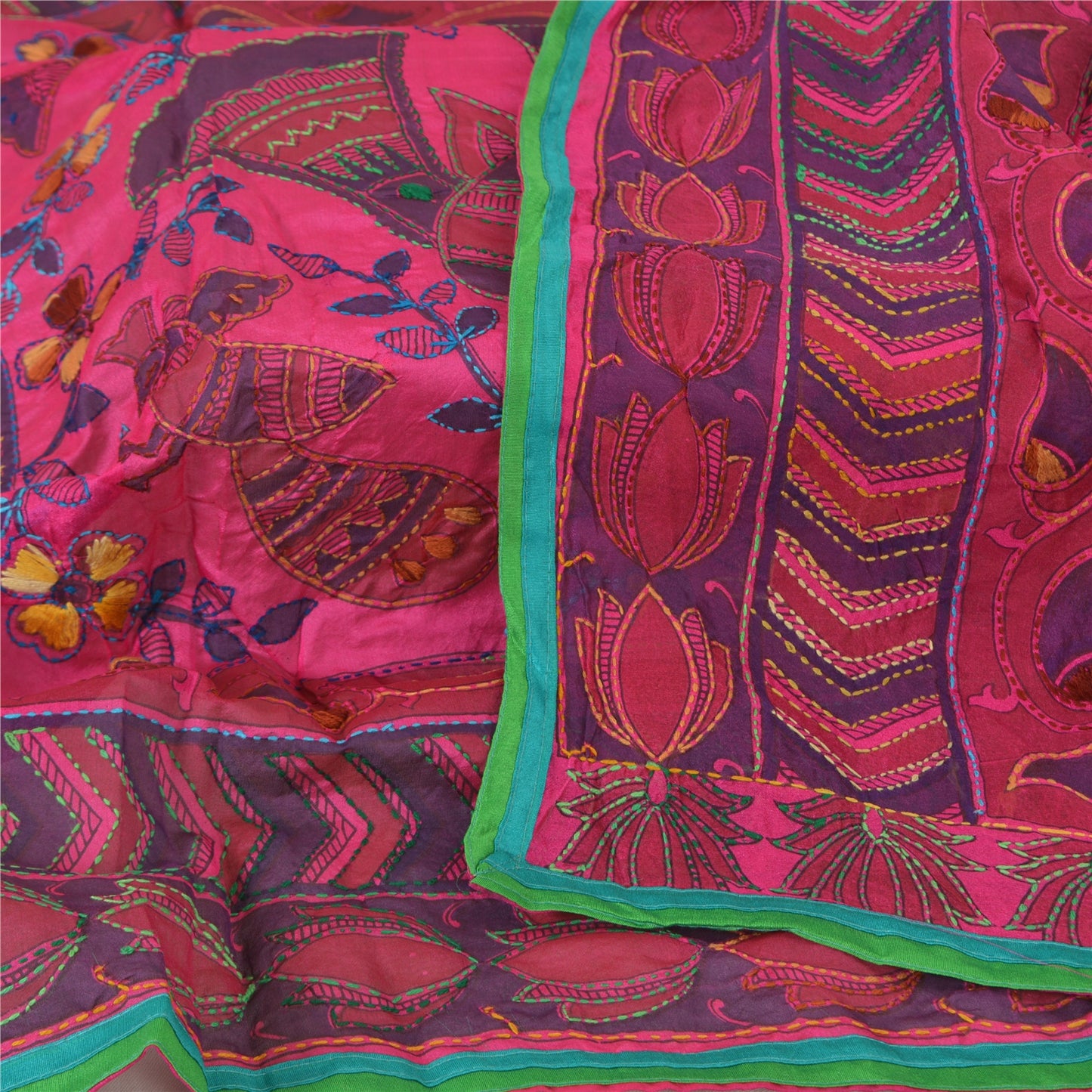 Sanskriti Vintage New Pink Dupatta Madhubani & Handmade Kantha Bengal Or Bihar Of India Stole Chanderi Silk Indian Heritage Textile Women Dress
