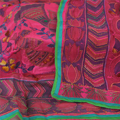 Sanskriti Vintage New Pink Dupatta Madhubani & Handmade Kantha Bengal Or Bihar Of India Stole Chanderi Silk Indian Heritage Textile Women Dress