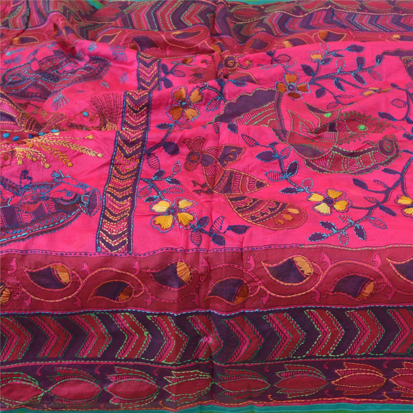 Sanskriti Vintage New Pink Dupatta Madhubani & Handmade Kantha Bengal Or Bihar Of India Stole Chanderi Silk Indian Heritage Textile Women Dress