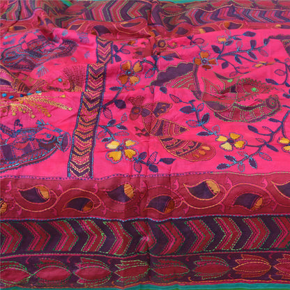 Sanskriti Vintage New Pink Dupatta Madhubani & Handmade Kantha Bengal Or Bihar Of India Stole Chanderi Silk Indian Heritage Textile Women Dress