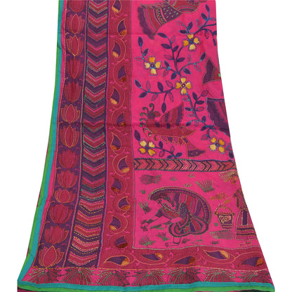Sanskriti Vintage New Pink Dupatta Madhubani & Handmade Kantha Bengal Or Bihar Of India Stole Chanderi Silk Indian Heritage Textile Women Dress