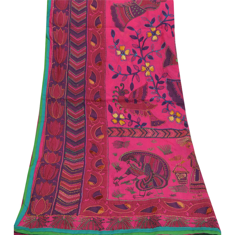 Sanskriti Vintage New Pink Dupatta Madhubani & Handmade Kantha Bengal Or Bihar Of India Stole Chanderi Silk Indian Heritage Textile Women Dress
