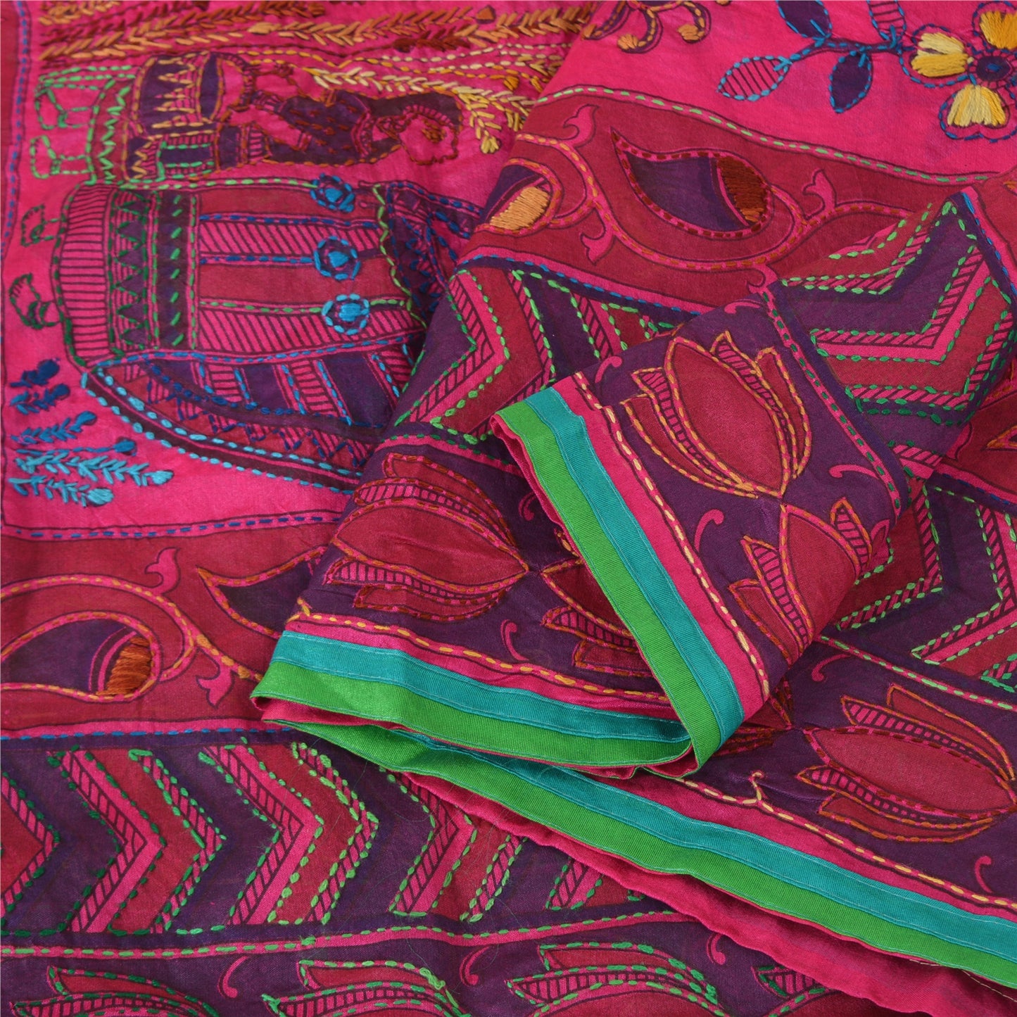 Sanskriti Vintage New Pink Dupatta Madhubani & Handmade Kantha Bengal Or Bihar Of India Stole Chanderi Silk Indian Heritage Textile Women Dress
