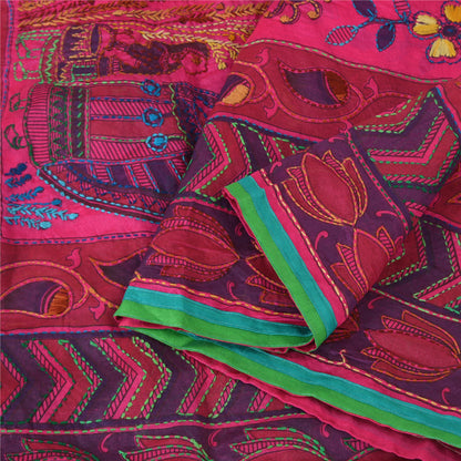 Sanskriti Vintage New Pink Dupatta Madhubani & Handmade Kantha Bengal Or Bihar Of India Stole Chanderi Silk Indian Heritage Textile Women Dress