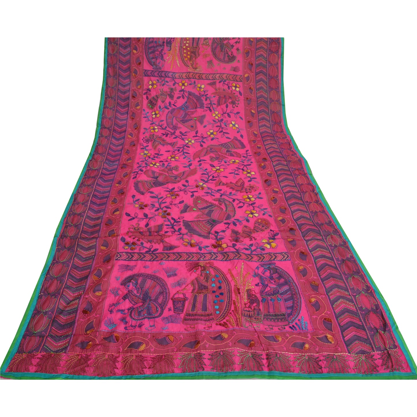 Sanskriti Vintage New Pink Dupatta Madhubani & Handmade Kantha Bengal Or Bihar Of India Stole Chanderi Silk Indian Heritage Textile Women Dress