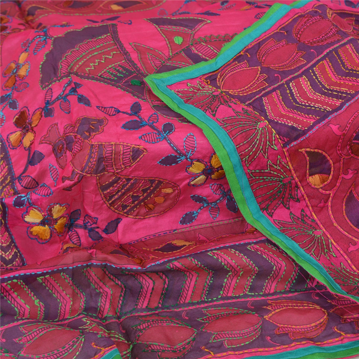 Sanskriti Vintage New Pink Dupatta Madhubani & Handmade Kantha Bengal Or Bihar Of India Stole Chanderi Silk Indian Heritage Textile Women Dress