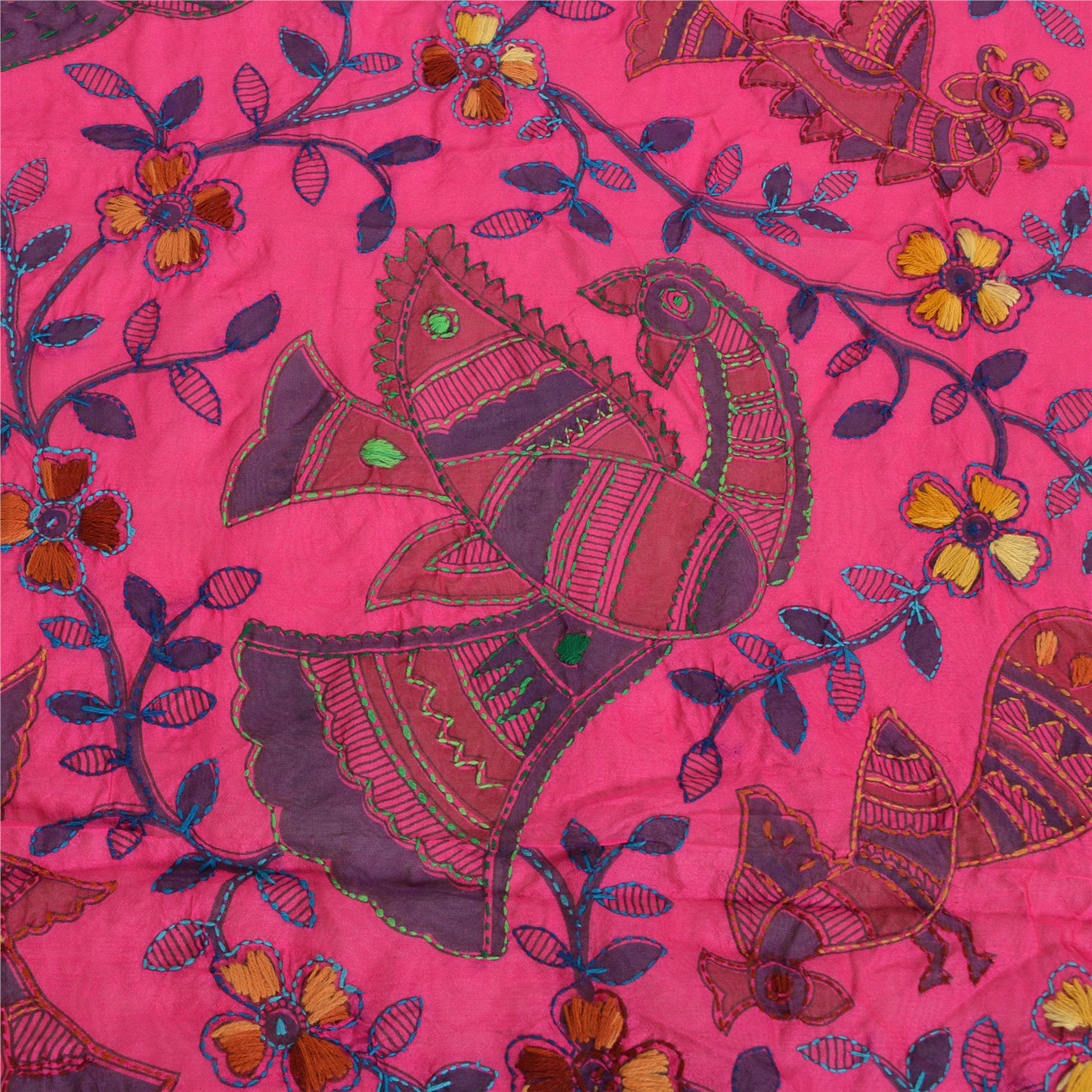 Sanskriti Vintage New Pink Dupatta Madhubani & Handmade Kantha Bengal Or Bihar Of India Stole Chanderi Silk Indian Heritage Textile Women Dress