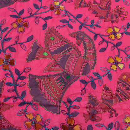 Sanskriti Vintage New Pink Dupatta Madhubani & Handmade Kantha Bengal Or Bihar Of India Stole Chanderi Silk Indian Heritage Textile Women Dress