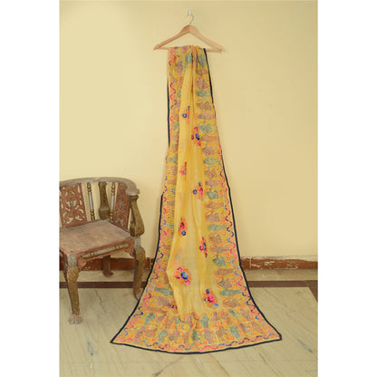 Sanskriti Vintage Yellow Dupatta Hand Embroidered Kantha Stole Cotton Silk Veil