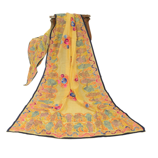 Sanskriti Vintage Yellow Dupatta Hand Embroidered Kantha Stole Cotton Silk Veil