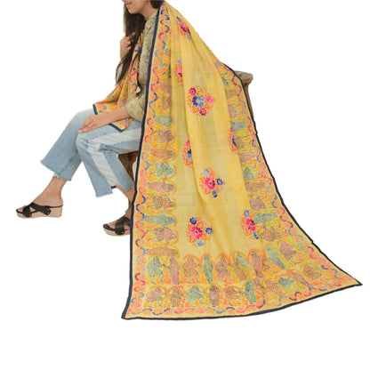 Sanskriti Vintage Yellow Dupatta Hand Embroidered Kantha Stole Cotton Silk Veil