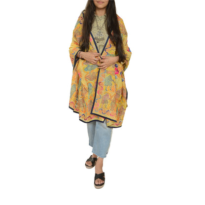 Sanskriti Vintage Yellow Dupatta Hand Embroidered Kantha Stole Cotton Silk Veil