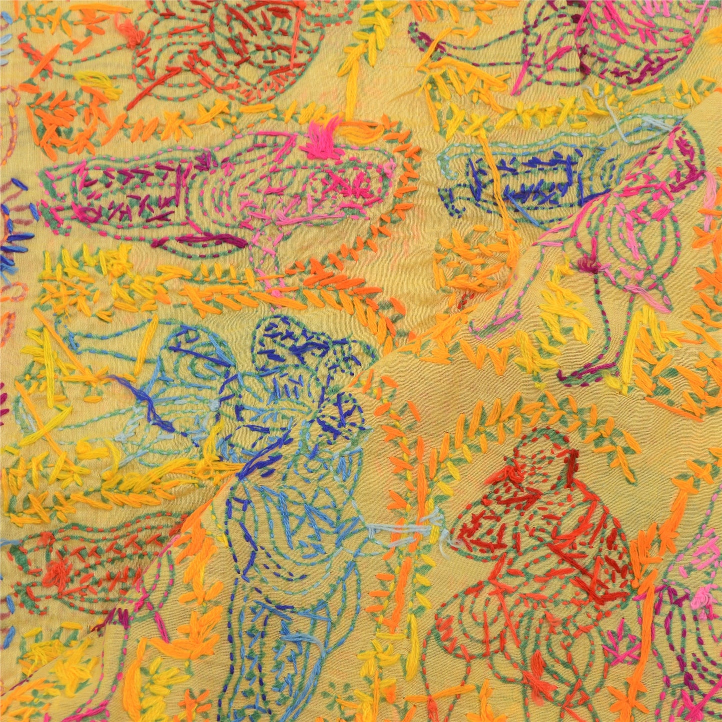 Sanskriti Vintage Yellow Dupatta Hand Embroidered Kantha Stole Cotton Silk Veil