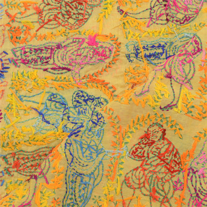 Sanskriti Vintage Yellow Dupatta Hand Embroidered Kantha Stole Cotton Silk Veil