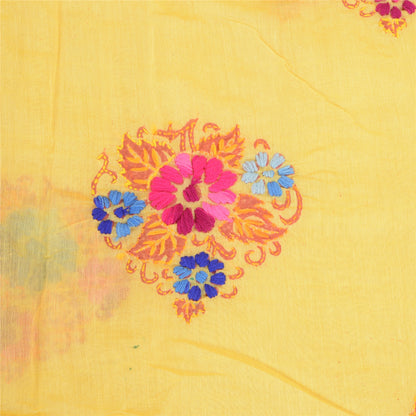 Sanskriti Vintage Yellow Dupatta Hand Embroidered Kantha Stole Cotton Silk Veil
