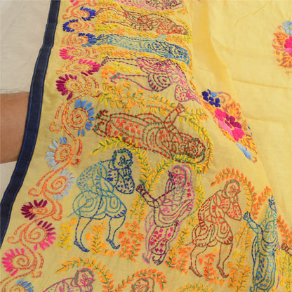 Sanskriti Vintage Yellow Dupatta Hand Embroidered Kantha Stole Cotton Silk Veil
