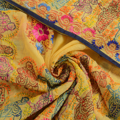Sanskriti Vintage Yellow Dupatta Hand Embroidered Kantha Stole Cotton Silk Veil