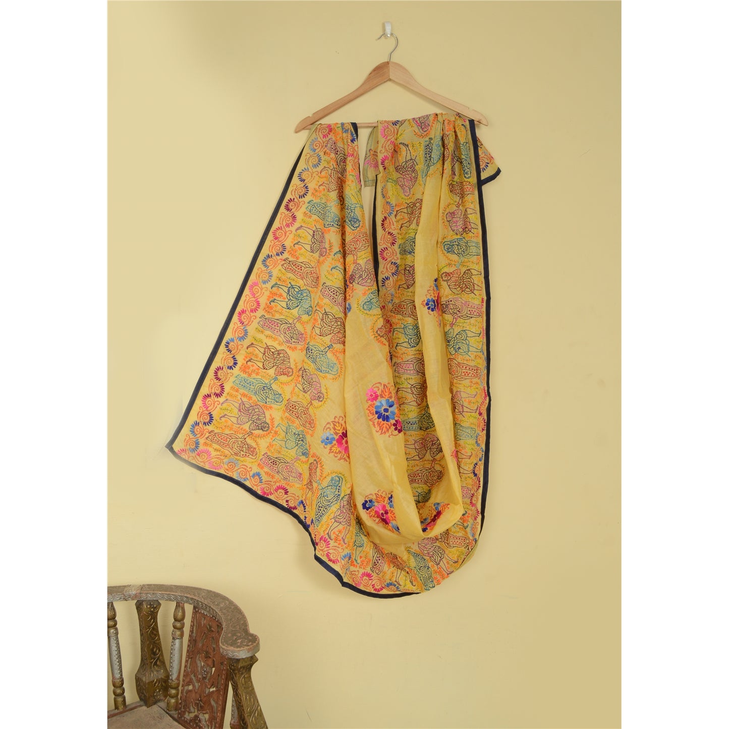 Sanskriti Vintage Yellow Dupatta Hand Embroidered Kantha Stole Cotton Silk Veil