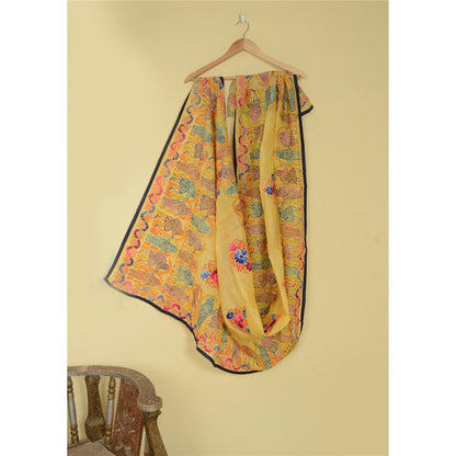Sanskriti Vintage Yellow Dupatta Hand Embroidered Kantha Stole Cotton Silk Veil