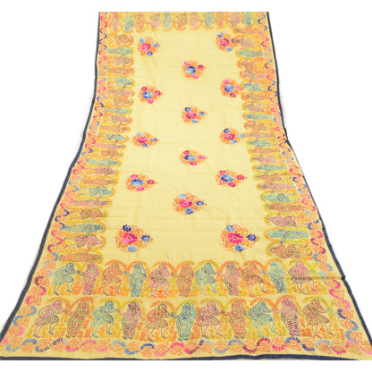 Sanskriti Vintage Yellow Dupatta Hand Embroidered Kantha Stole Cotton Silk Veil