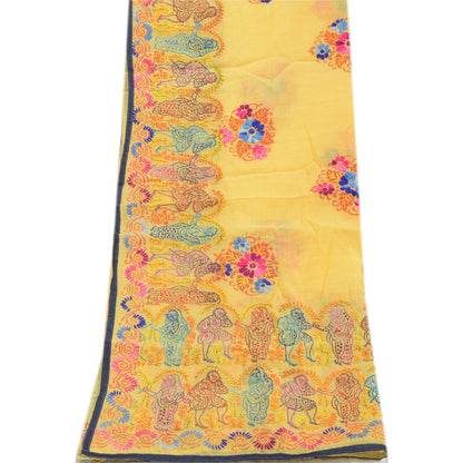 Sanskriti Vintage Yellow Dupatta Hand Embroidered Kantha Stole Cotton Silk Veil