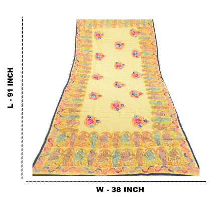 Sanskriti Vintage Yellow Dupatta Hand Embroidered Kantha Stole Cotton Silk Veil